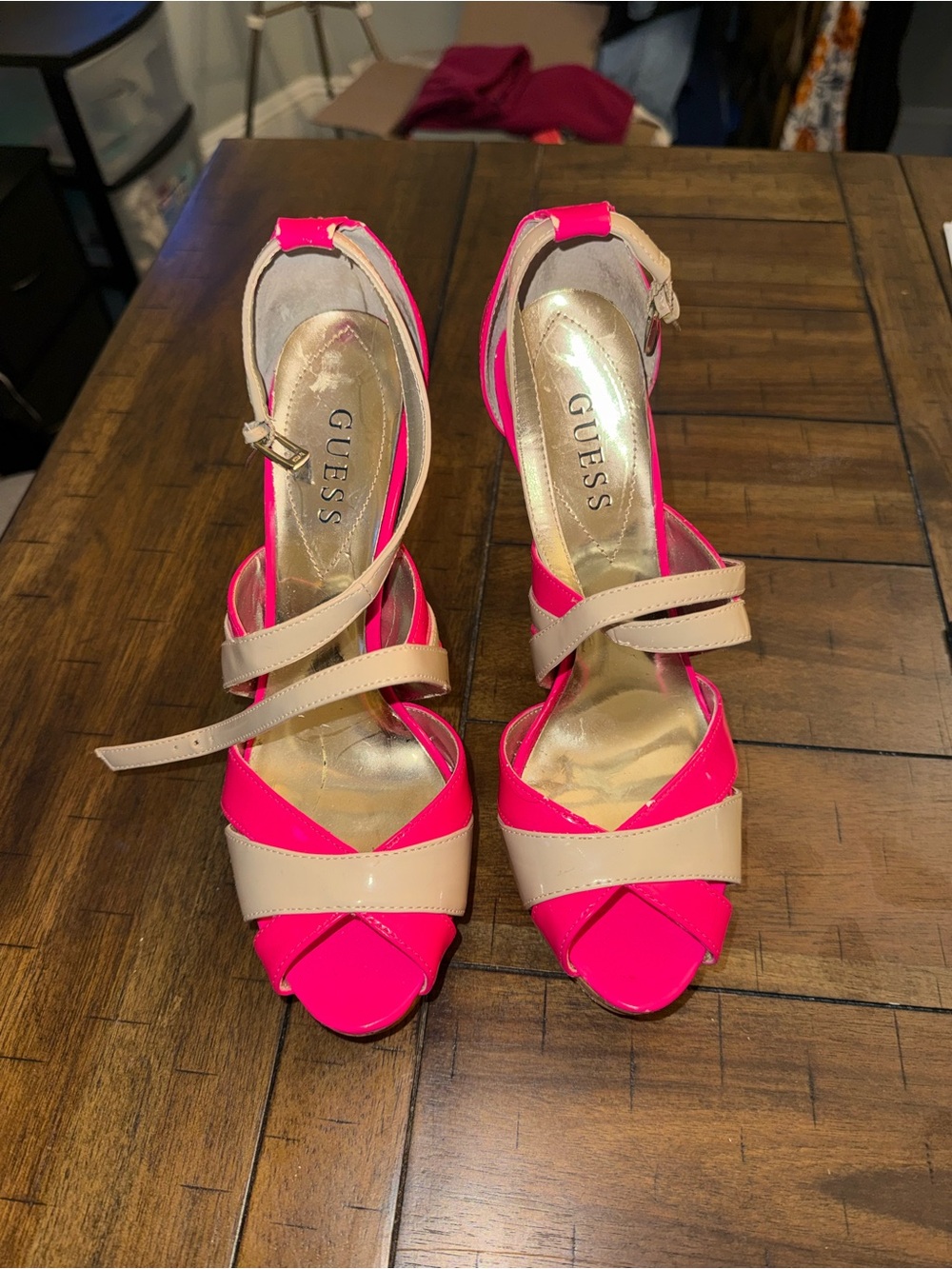 GUESS Pink and Nude Patent Strappy Heeled Sandals Y2K heels size 9